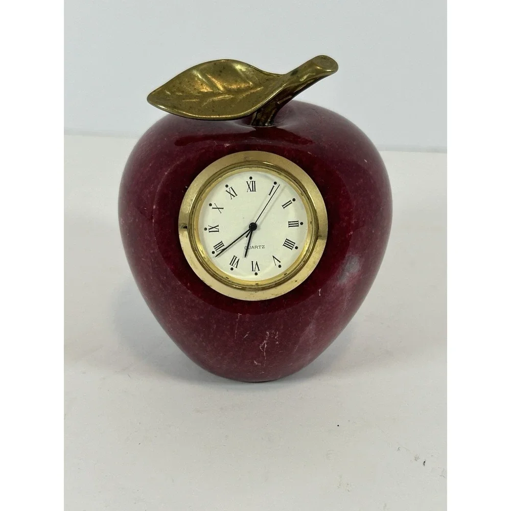 Vintage Red Apple Quartz Clock‎ Marble Alabaster Paperweight Desk Teacher